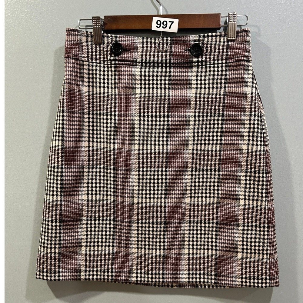 Ann Taylor Burgundy Plaid Mini Skirt Size 2 Button Detail A-Line 476889